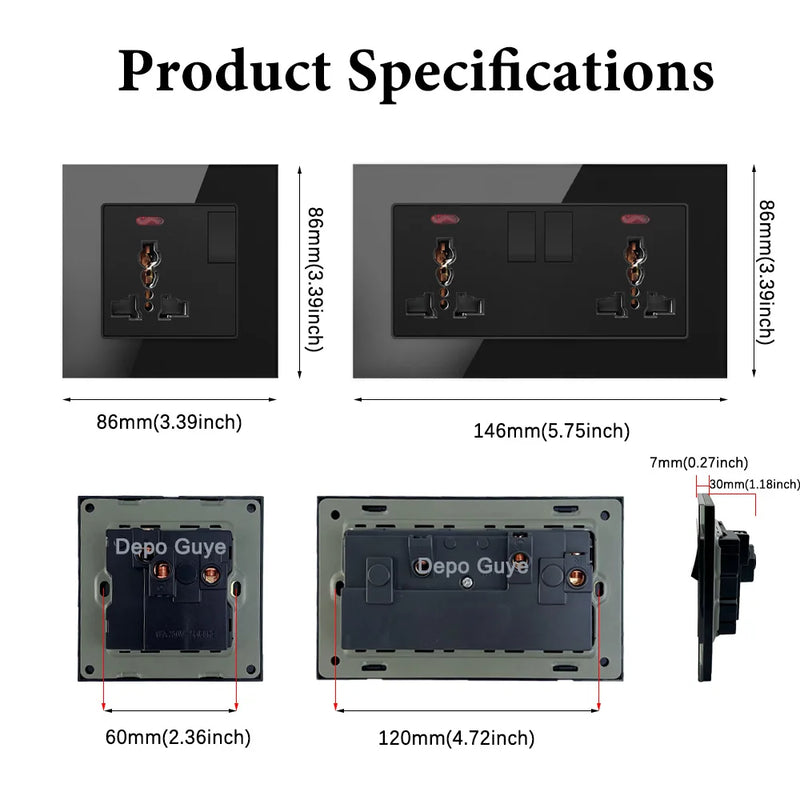 UK Black USB Type-C 18W Fast Charging Socket Universal Tempered Glass  Double 5-pin Power Plug,Home Electrical Wall Light Switch