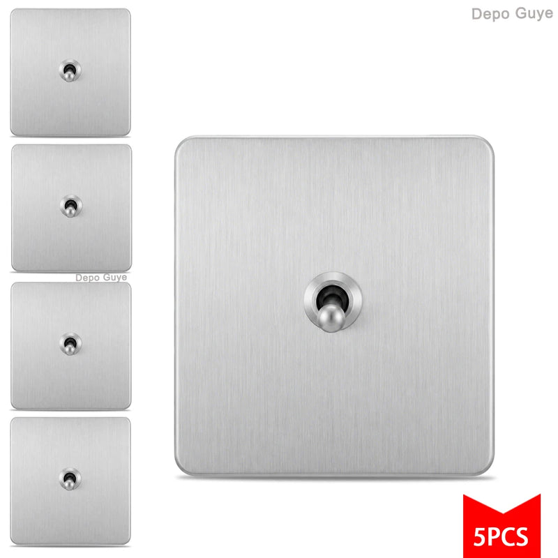 5/10PCS Toggle Wall Switch Grey Stainless Steel ,1/2/3/4 Gang 2Way Light Brass Lever Switch Panel For Home Improvement