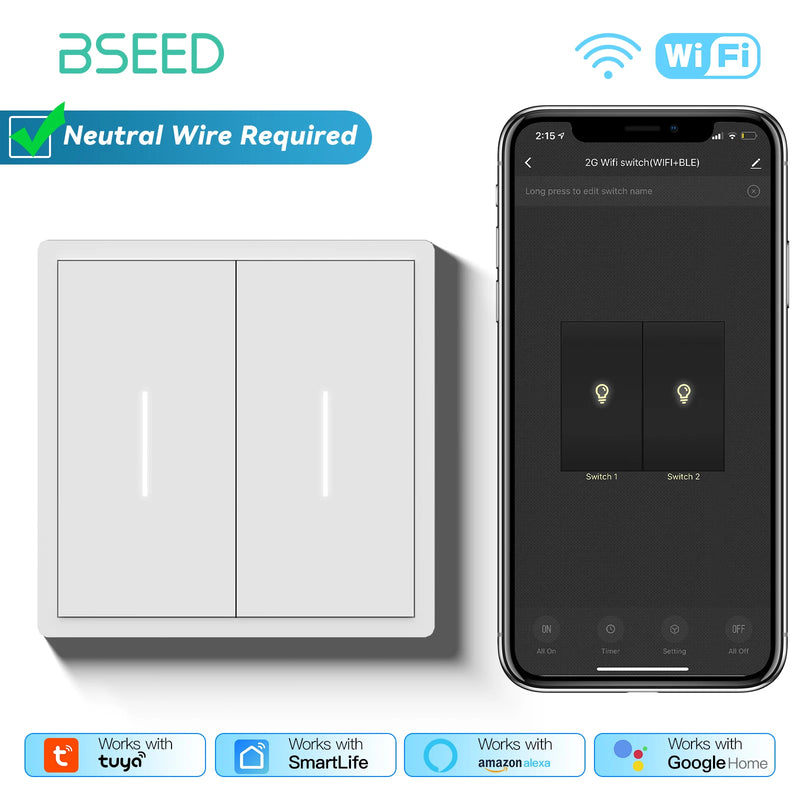 BSEED WIFI Button Switch 1/2/3/4Gang 2Way Smart Click Switch Smart EU Socket Plastic Frame Tuya Smart Life Alexa Voice Control