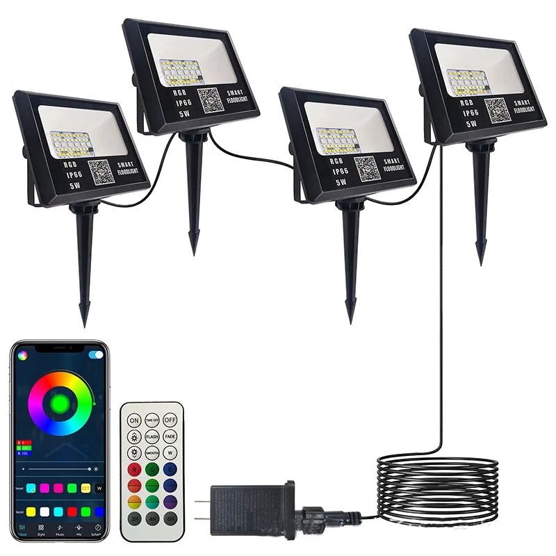 RGB LED Flood Light Bluetooth APP Control Smart Floodlights Timing Music Sync IP66 Waterproof Landscape Lighting with EU Plug