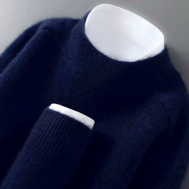 100% Australian Wool Men's New Half Turtleneck Sweater, Flat Seven-Needle Thickened Saddle Shoulder Half High Pullover