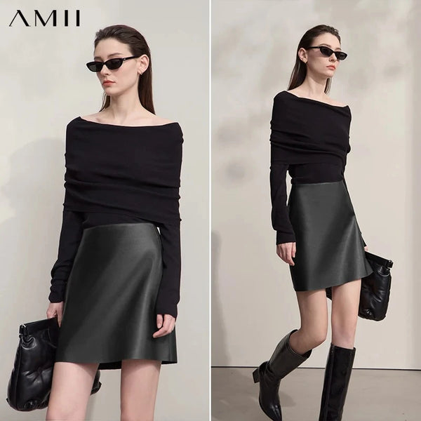 AMII Mini Skirt 2026 Autumn New Modern Retro Clothing Ladies Solid Versatile A-shaped PU Leather Short Skirts For Woman 12513022