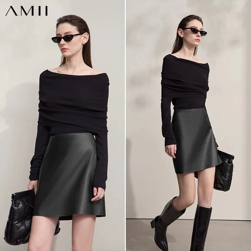 AMII Mini Skirt 2026 Autumn New Modern Retro Clothing Ladies Solid Versatile A-shaped PU Leather Short Skirts For Woman 12513022