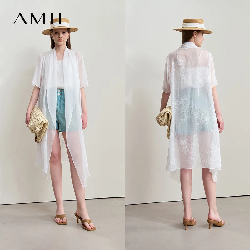 Amii Minimalism Vacation Chiffon Shirt 2026 Summer New Office Lady Thin Loose Transparent Embroidery Floral Cardigan 12552108