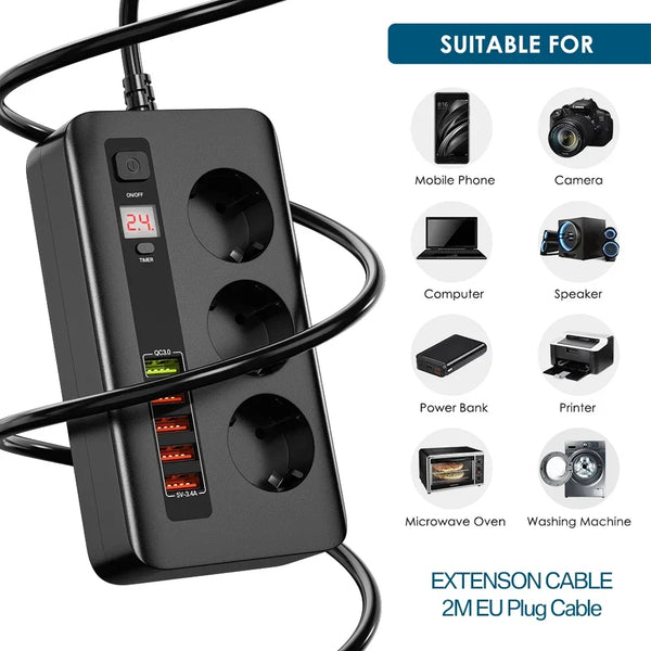 រន្ធដោតភ្លើង 2500W ចំនួន 3 របស់ EU សាកលឿនសម្រាប់កុំព្យូទ័រលើតុ QC3.0 USB Charger Hub ស្ថានីយ៍សាកលឿនសម្រាប់ iPhone Samsung Laptop