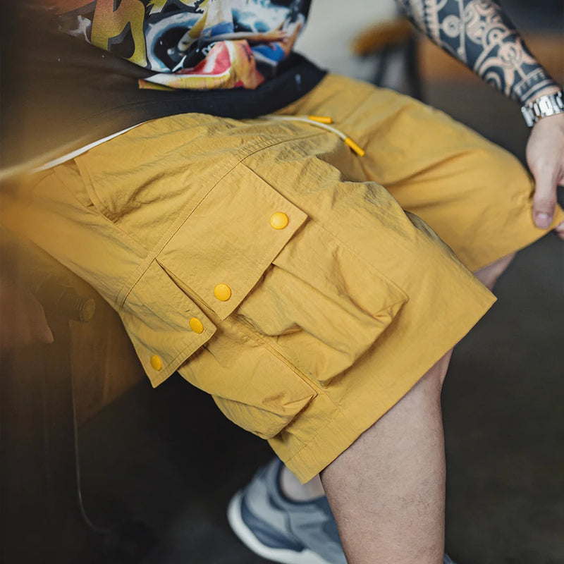 Maden Outdoor Yellow Cargo Shorts Men's Summer Quick-Dry Lightweight Sports Shorts with Drawstring Waist Multi-Pocket Bottoms