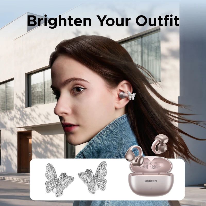 UGREEN Jewelry-Inspired Full Diamond Butterfly Clip On Earbuds, Open Ear Wireless Bluetooth Ear Cuff Headphones for Women, Bling