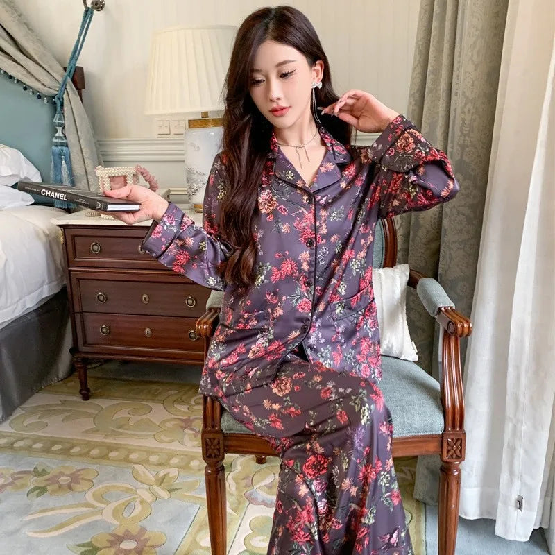 Women's Silk Pajama Set Satin Sleepwear Long Sleeve Top with Pants 2-Piece Loungewear Pj Suit Pyjama for Comfortable Nightwear