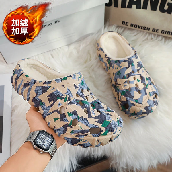 Men's Winter Indoor Clogs Fur Slippers Plush Half Shoes Slip-On Warm Garden Sandals Backless Home Cotton Shoes Keep Warm