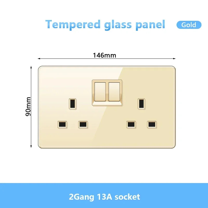 Gold UK 13A Tempered Glass USB Socket Plug,18W Type-C Fast charging Universal 3pin Dual Power Outlet,Wall 2way Light Switch