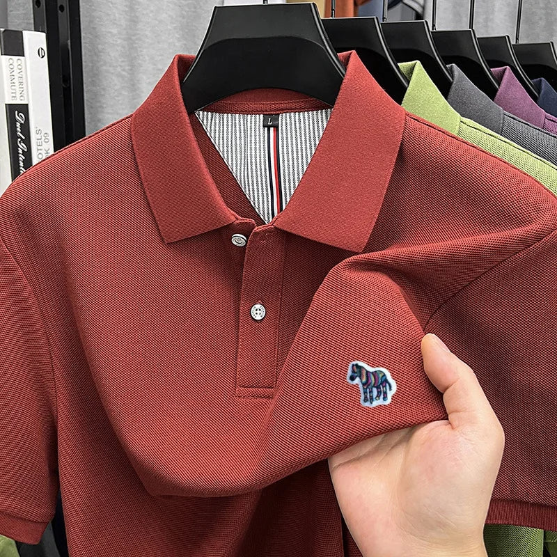 High Quality 100% Cotton Summer Man Short-Sleeved Polo Shirt Lapel Button Slit Hem Zebra Embroidery Snug Ventilate Men'sClothing