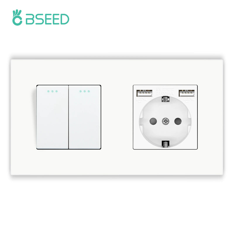 BSEED Mechanical Button Switches With Power Socket 1/2/3Gang 1Way Plastic Panel Electrical Outlets USB Type-C Wall Socket 16A