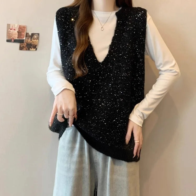 2026 V-neck Sequined Vest Large Size Women's Clothing Spring and Autumn Loose Sleeveless Top Knitwear Ladies Sweater Waistcoat