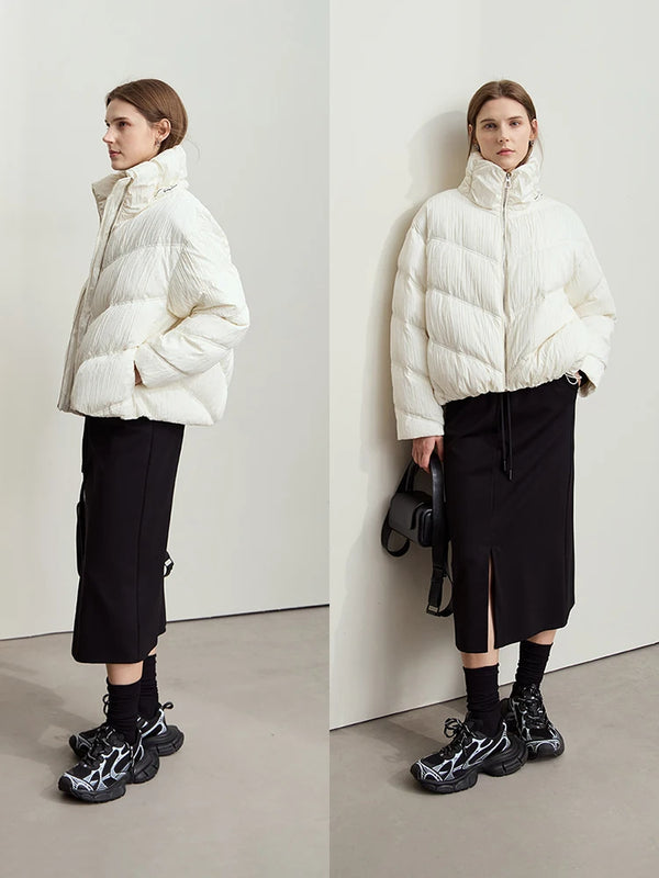 AMII Minimalist Streetwear Down Jacket For Women 2025 Winter Casual Stand Collar Pleated Letter Embroidery Female Coats 12444042
