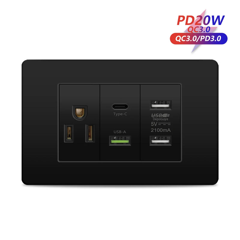Italy Chile Mexico Outlet with USB Smart Type-c 20W Fast Charging Wall plug,Brazil Electric Light Switch Dual usb Power Socket