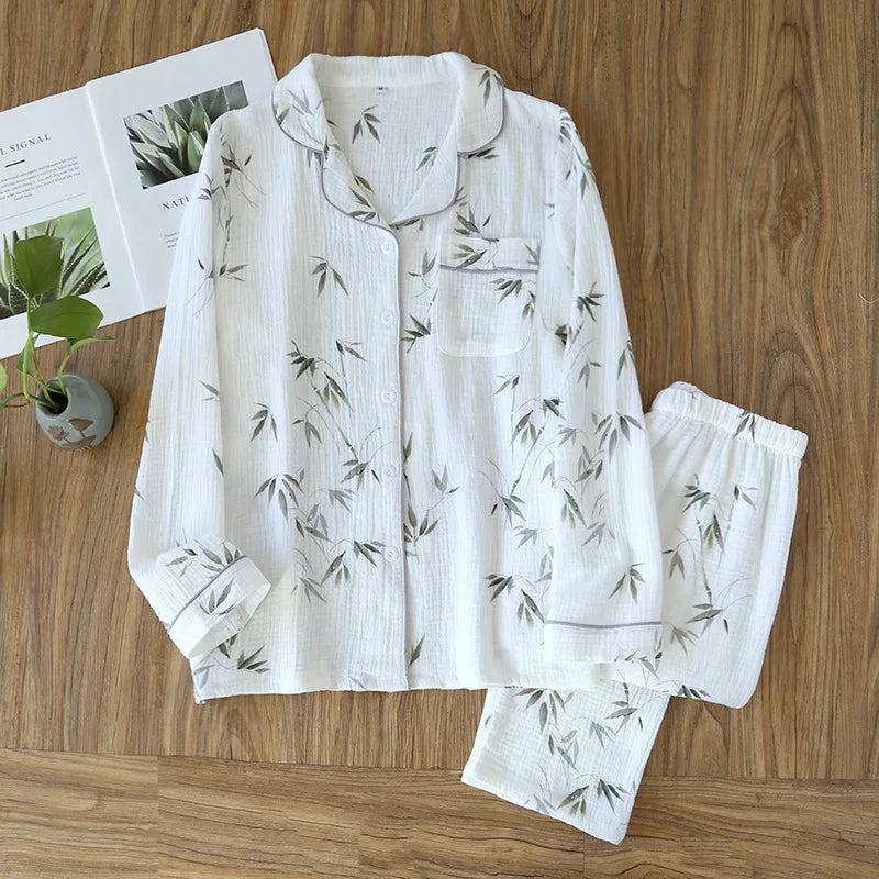 2026 Spring and Autumn Women's Pajama Set 100% Cotton Crepe Long sleeved Pants Two piece Cute and Sweet Ladies Home Fury Set