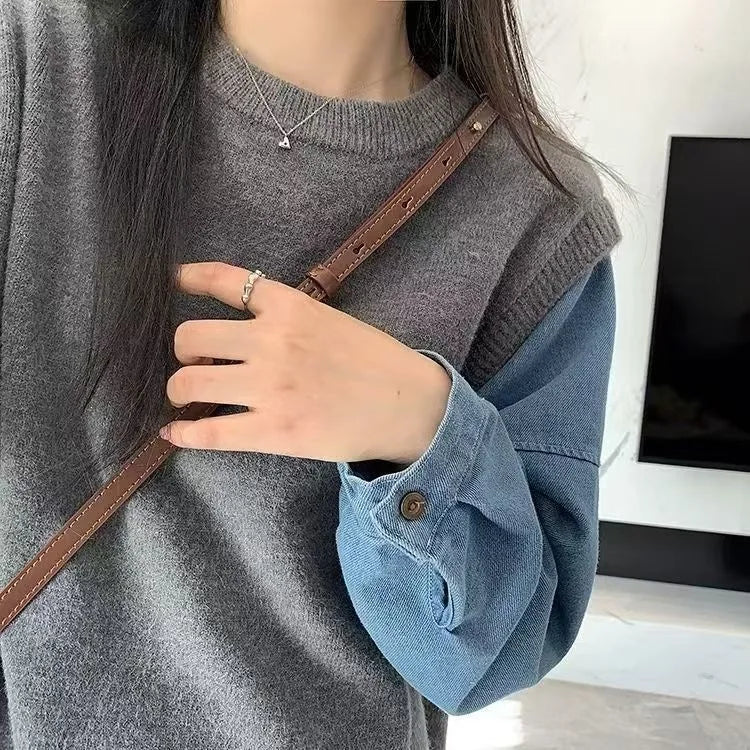 Autumn Winter New Lazy Sweater Knitted Denim Sleeve Splicing Fake Two-piece Women's Top Trendy Pullover Knitwear Clothes