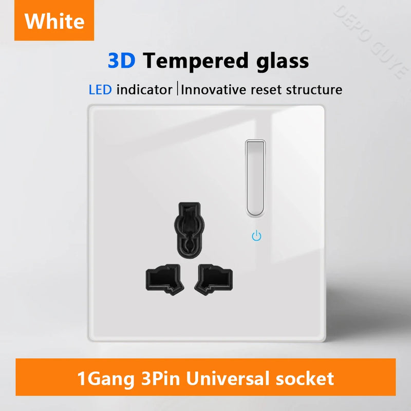 White LED indicator light switch Panel glass piano key Self-reset wall switch socket,UK Universal USB Type-C Electrical outlet