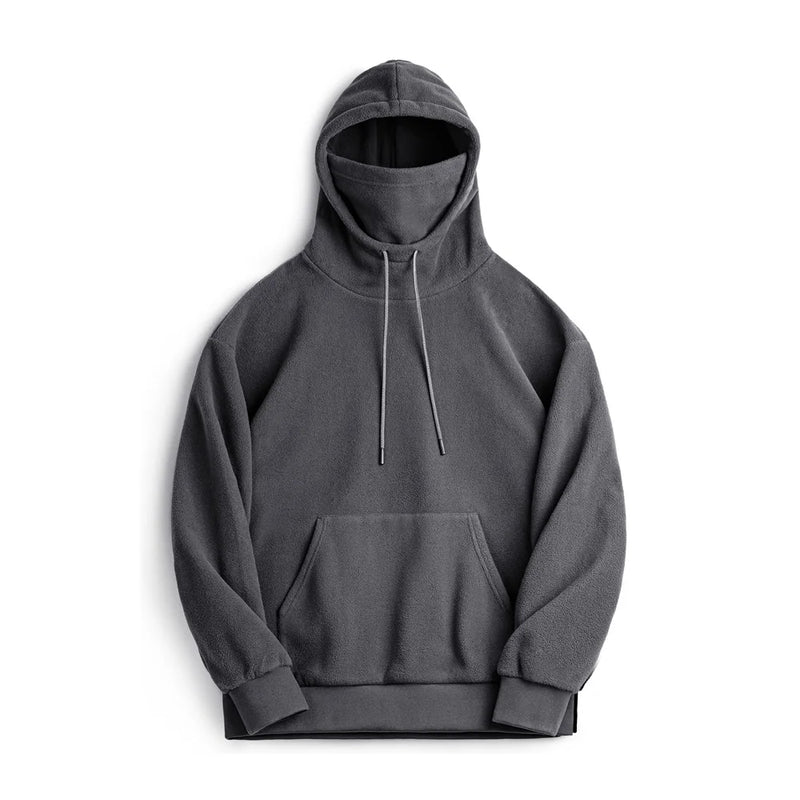 Maden Casual Polar Fleece Hooded Sweatshirt Solid Color Windproof Pullover with Face Mask Warm Tops for Men's Fall and Winter