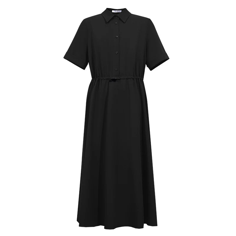 Amii Women's Dress 2026 Summer New Lapel Collar Half Placket Drawstring Short Sleeve Casual A-Line Midi Dress For Women 12642158