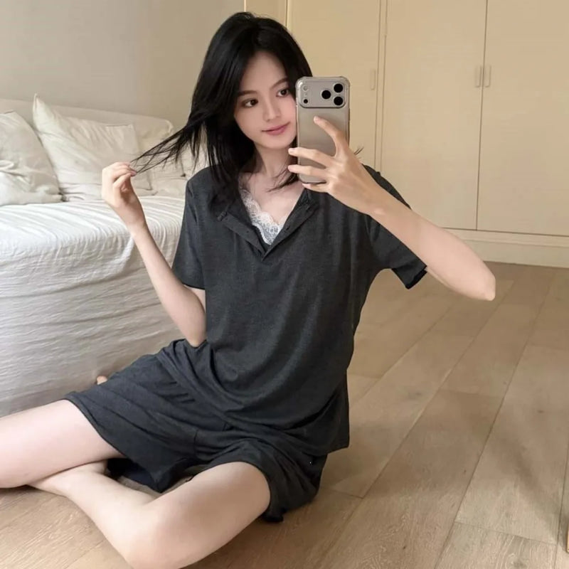 Thin Women's Sleepwear Pyjama Shorts Suit Pijama Femme Loungewear Pj Sets Solid Color Home Clothes Summer New Loungewear Suit