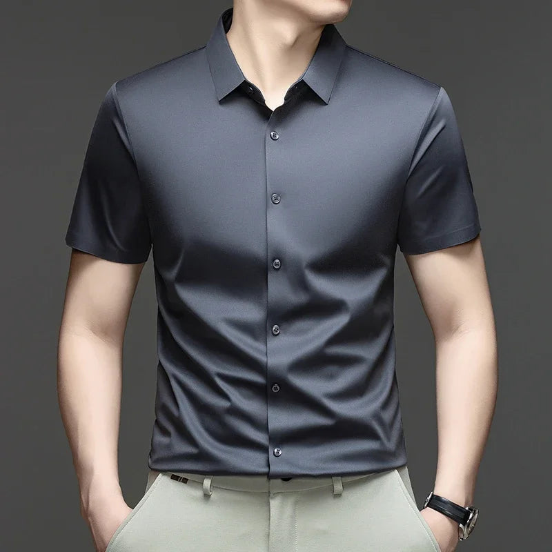 Mens Casual Short Sleeve Button Down Shirt Ice Silk Lightweight Breathable Wrinkle Resistant Summer Top