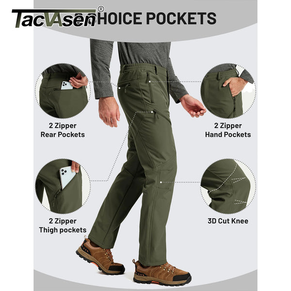 TACVASEN Men's Winter Hiking Pants Fleece Lined Waterproof Softshell Snow Ski Insulated Work Cargo Pants with 6 Zip Pockets