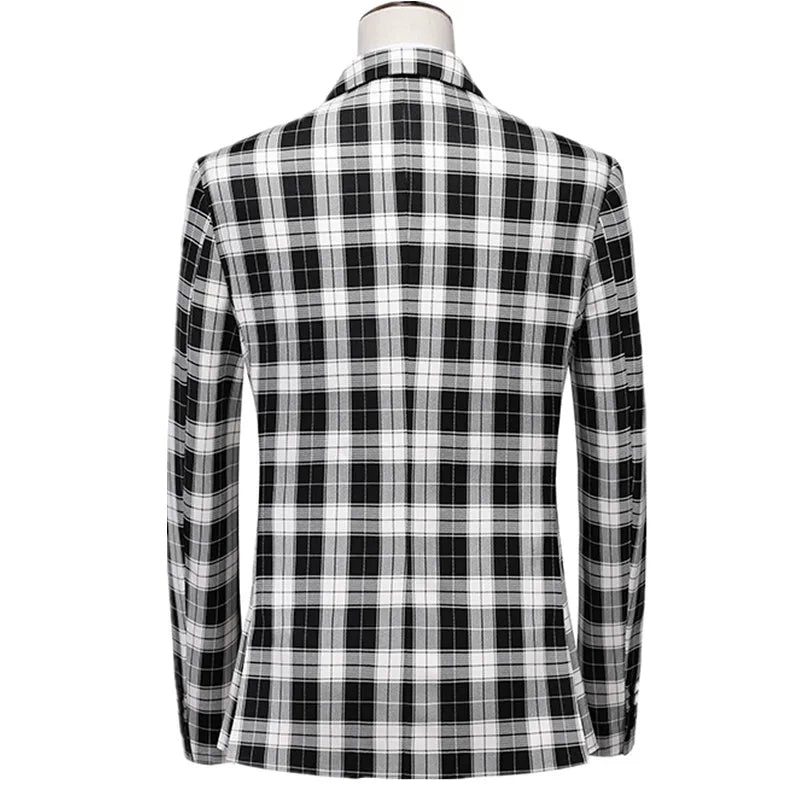 Men's Black White Plaid Long Sleeve Blazers, Fashion Slim Fit Suit Jacket, Wedding Party Tops Coat, Asian Size M6XL