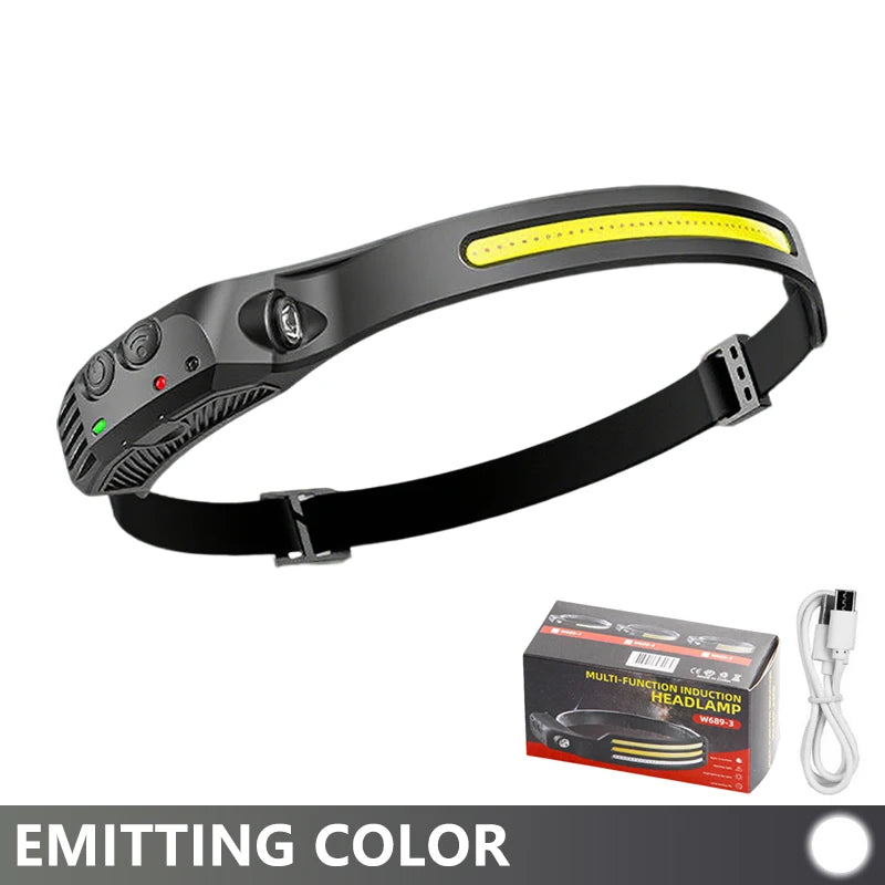 ភ្លើងមុខ COB LED ដែលអាចសាកបានដោយ USB ជាមួយឧបករណ៍ចាប់សញ្ញាចលនា ភ្លើងពិលធំទូលាយ ការពារទឹក សម្រាប់ការបោះតង់ នេសាទ ក្រៅផ្ទះ