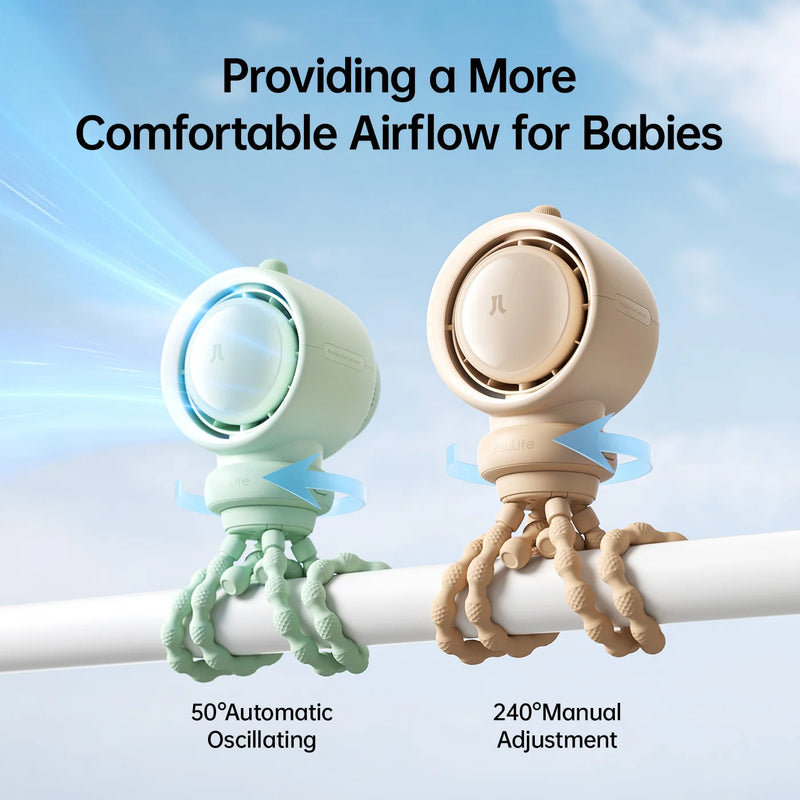 JISULIFE Portable Baby Stroller Fan,Air Purify Turbo Tech,Nature Wind,LED Light,5000mAh,Food-Grade Silicone Bracket,Crib Fan