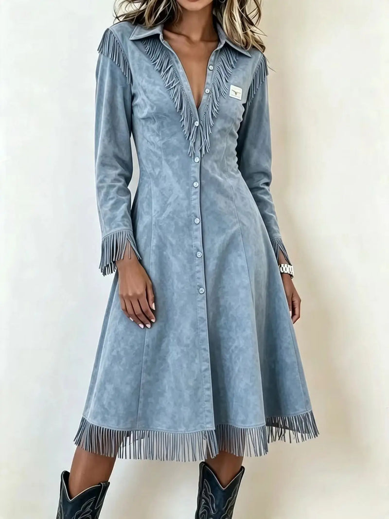 Women's Western-style Long-sleeved Trench Coat;A Figure-hugging Jacket with Fringe Details for Spring/Fall; Blue,Red,Black,Brown