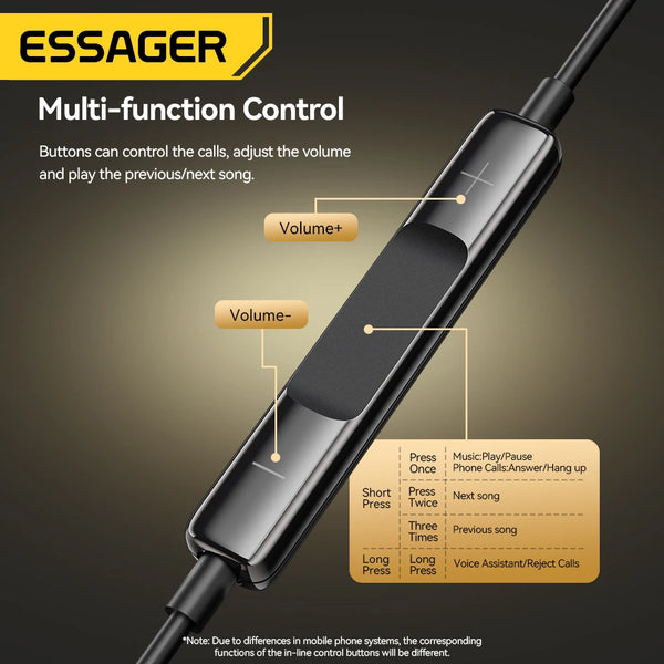 កាសស្តាប់ត្រចៀក Essager 3.5mm មានខ្សែ កាសស្តាប់ត្រចៀកក្នុងត្រចៀក មានមីក្រូហ្វូន កាសស្តេរ៉េអូ ការគ្រប់គ្រងក្នុងខ្សែសម្រាប់ទូរស័ព្ទ