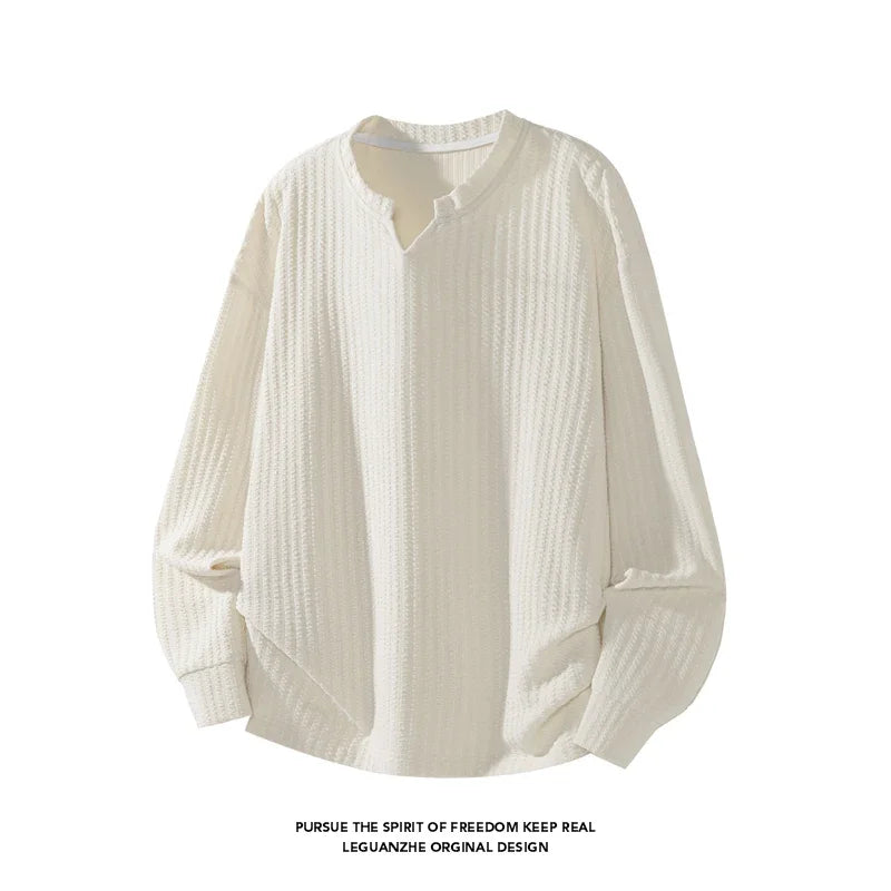 Daily Urban Henley Shirt Men Long Sleeve Split Notch Neck Vertical Texture Soft Fabric Basic Fashion Outer Garment