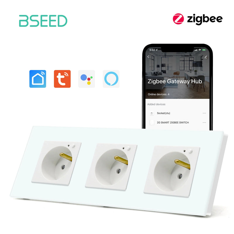 BSEED ZigBee Smart FR Socket Double Powe Sockets Triple Wall French Oulets Work With Tuya Google Home Smart Life Alexa