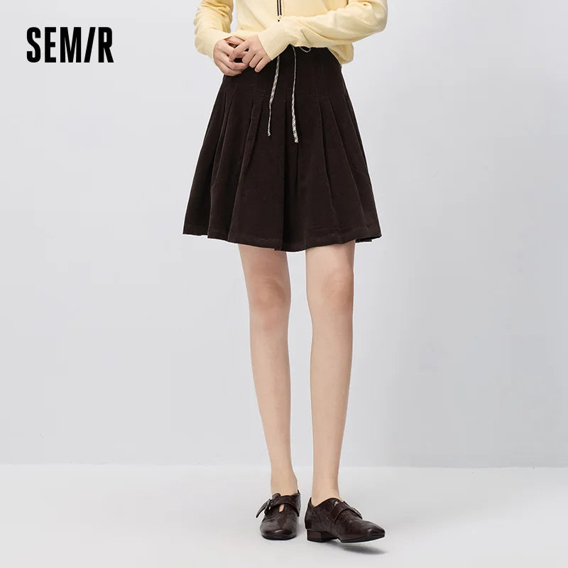 Semir Women Mini Skirt Corduroy Cotton Patchwork High Waist Pleated Retro Casual Autumn Bottoms Daily Wear 2026