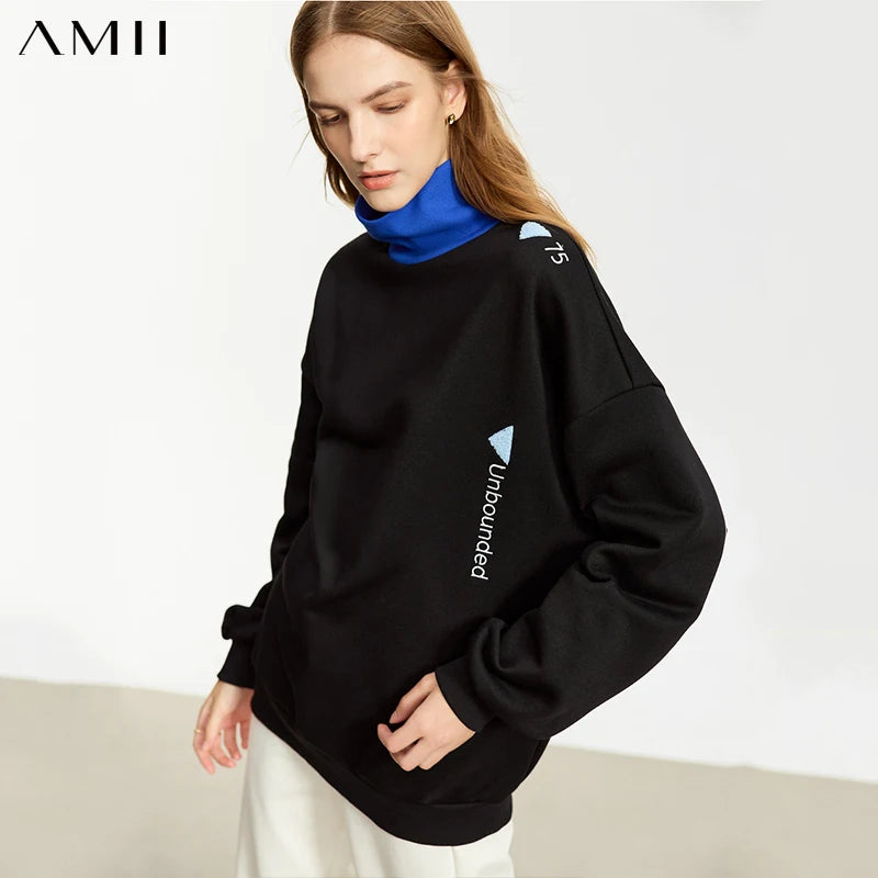 AMII Minimalist 2026 Autumn Embroidery Sweatshirt Women Loose Spliced Pullovers Tops Turtleneck Velvet Sweatshirt 12443255