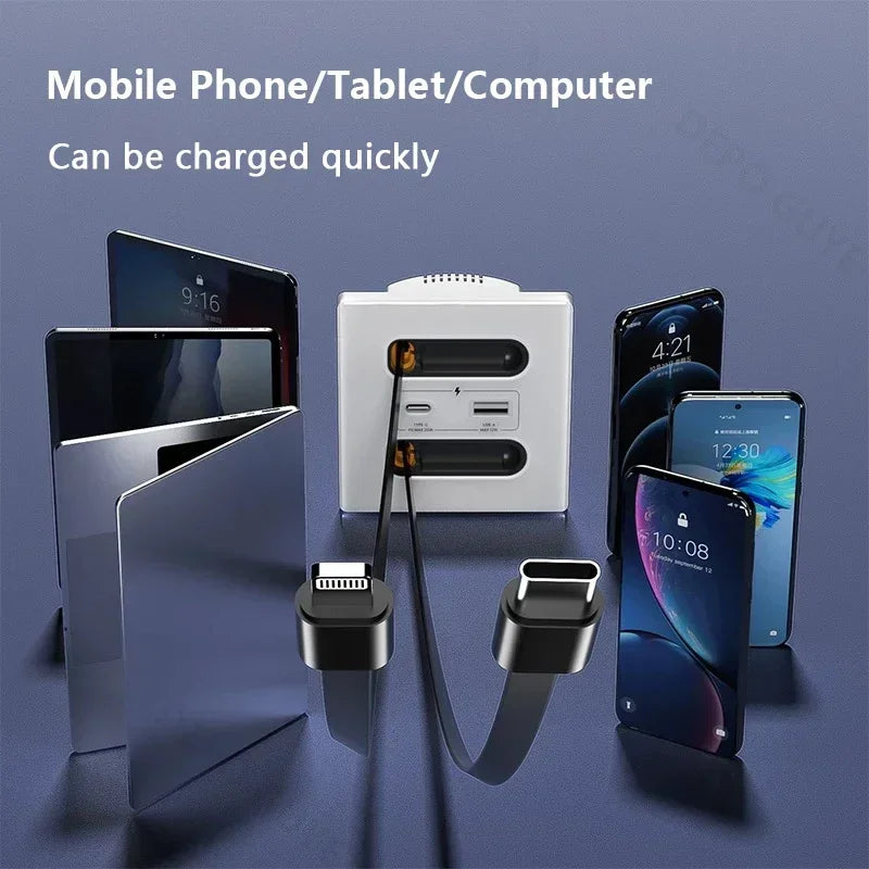 White Universal Smart Socket With Telescopic charging line 20W Fast Charge Type C USB Port Tempered Glass Wall Power Plug Outlet