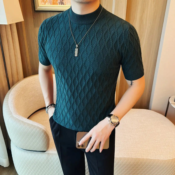 Men's Slim Fit Mock Neck Short Sleeve T-Shirt - Diamond Texture Knitted Top Slim-fit Men's Short-sleeve T-shirt Stretchable