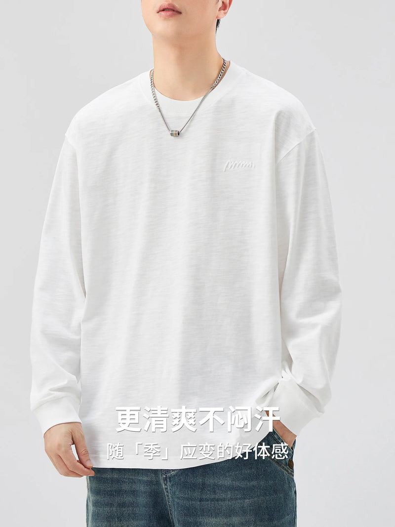 DUKEEN Heavyweight Slub Cotton Long Sleeve T-Shirt for Men Spring and Autumn Pure Cotton Crew-Neck Embroidered Tops Oversize
