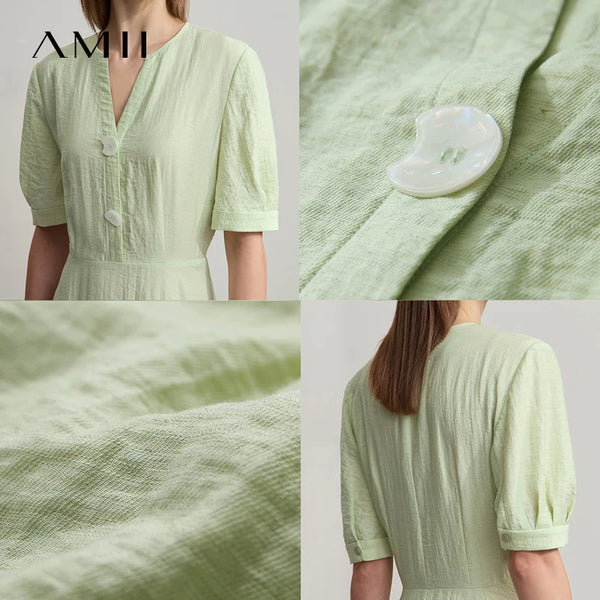 រ៉ូប AMII Minimalist ឆ្នាំ ២០២៥ រដូវក្តៅ មុខរបរ ការិយាល័យ ស្ត្រី ទីក្រុង ចង្កេះអក្សរសាស្ត្រ ស្ត្រី ក V Alien Buckle Linen Midi Dress 12522091