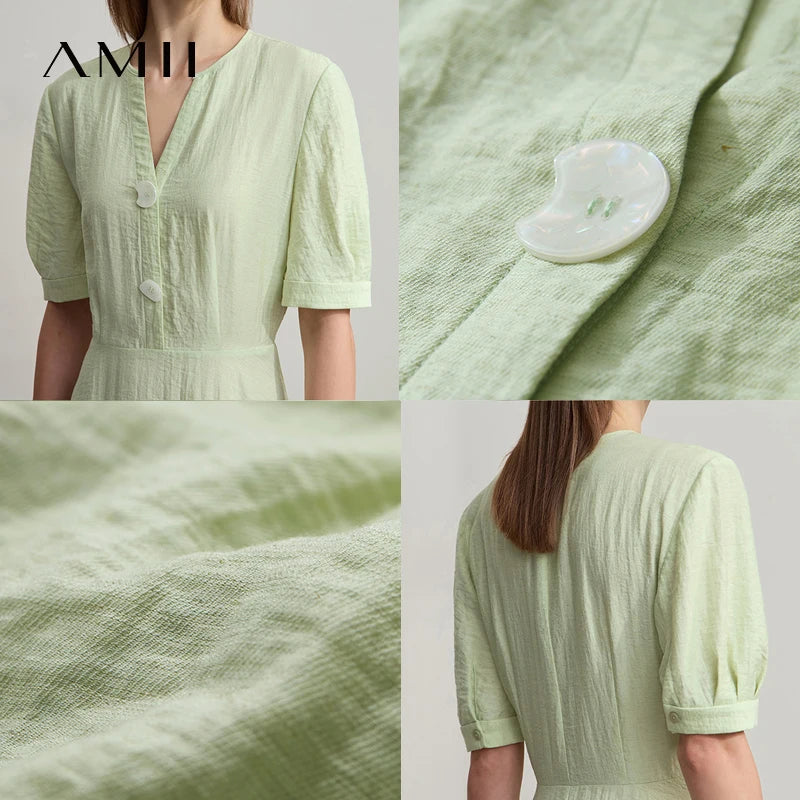 រ៉ូប AMII Minimalist ឆ្នាំ ២០២៥ រដូវក្តៅ មុខរបរ ការិយាល័យ ស្ត្រី ទីក្រុង ចង្កេះអក្សរសាស្ត្រ ស្ត្រី ក V Alien Buckle Linen Midi Dress 12522091