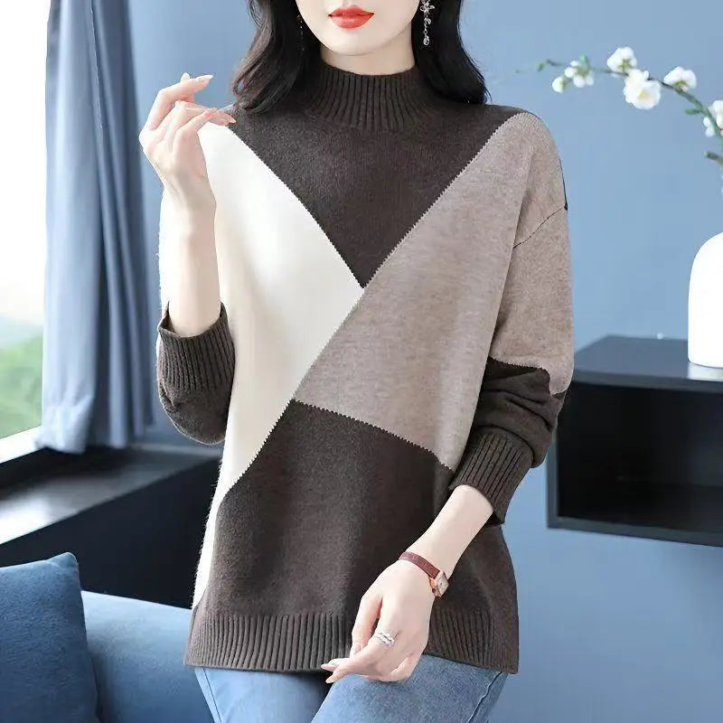 Patchwork Color Pulls Woman Clothing Spring Autumn Loose Turtleneck Winter Sweater Tops Female Warm Knitwear Woolen Blouse
