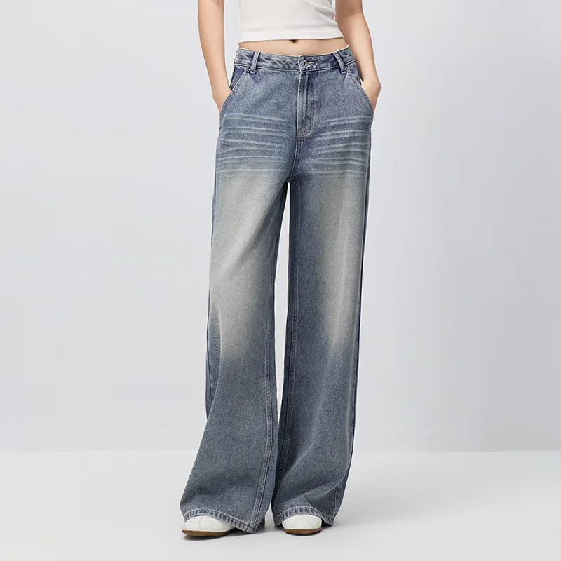 Semir Women Jeans Whisker Gradient Loose Wide Leg Retro Street Style Long Denim Pants Autumn Urban Daily Wear 2026