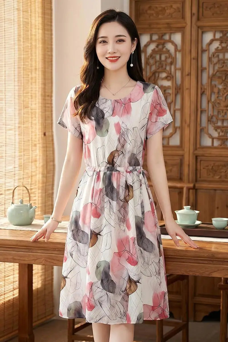 រ៉ូបផ្ការដូវក្តៅ O-Neck Midi រ៉ូបសម្រាប់នារីទាន់សម័យ ឈុតឆ្នេរខ្សាច់បែបសាមញ្ញ រ៉ូប Bodycon សម្រាប់ពិធីជប់លៀង និងពិធីជប់លៀង