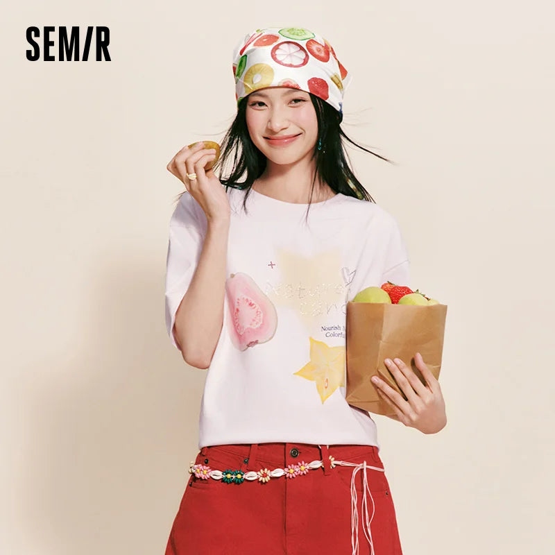 Semir Women Tshirt Cotton Hot Drilled Fruit Pattern Midi Length Loose Pullover Lazy Sweet 2026 Summer Casual Top