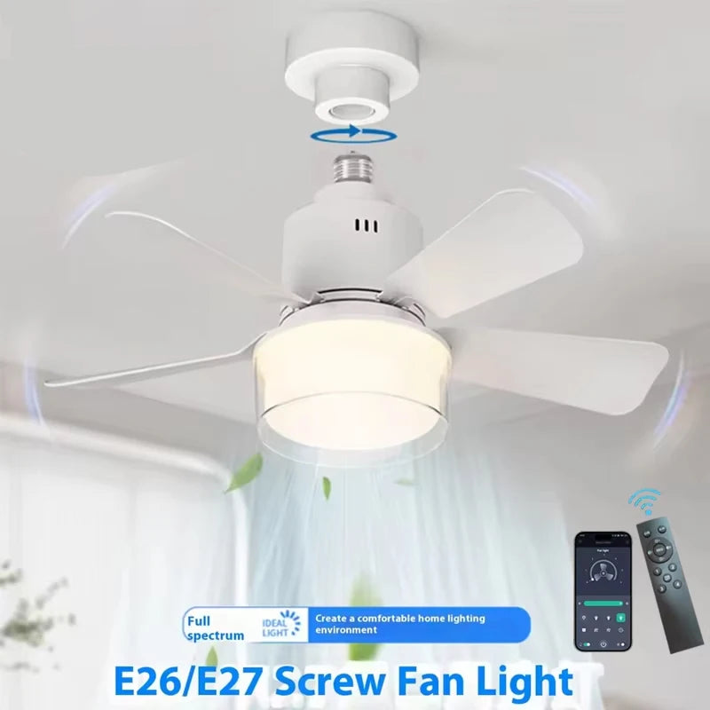 កង្ហារពិដានឆ្លាតវៃ E27 អំពូល LED បញ្ជាដោយកម្មវិធីប៊្លូធូស 4 ល្បឿន បញ្ជាពីចម្ងាយ កំណត់ម៉ោង រចនាស្ងាត់ កង្ហារពិដានសម្រាប់ការតុបតែងបន្ទប់គេង