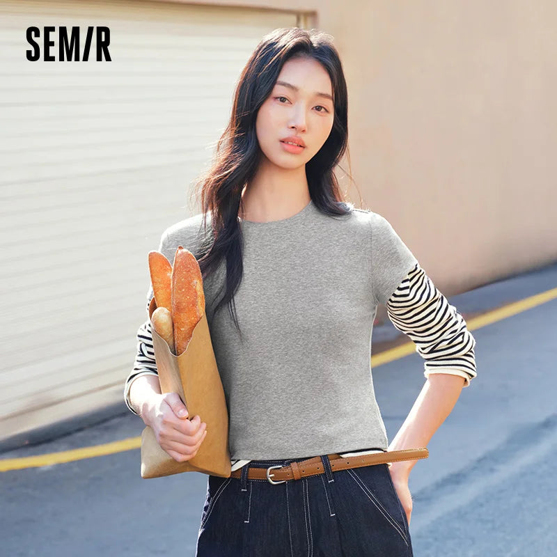 Semir Women Tshirt Cropped Solid Color Slim Crew Neck Short Sleeve Summer 2026 Minimal Casual Fashion Style Top