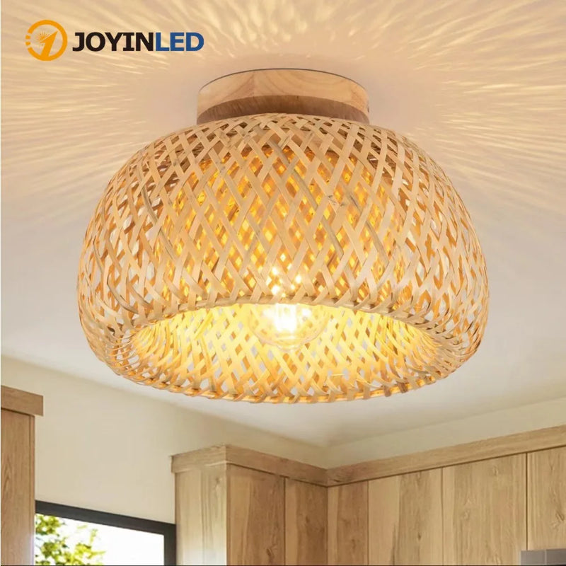 JOYINLED Rattan Ceiling Light Pendant Lamp Shade Chinese Style Circular Handmade Retro Light Fixture Living Room Restaurant