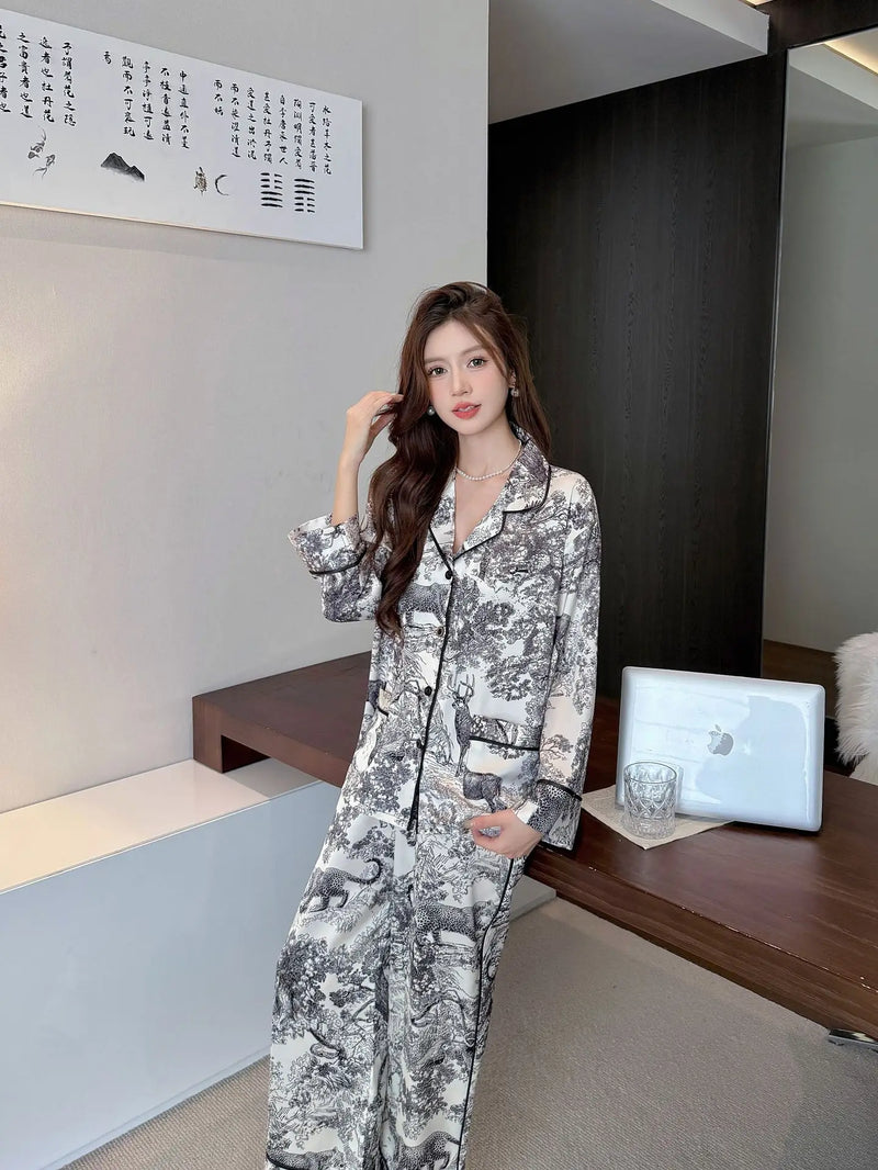 Ice Silk 2 Piece Set Pajama Sleepwear Woman Lapel Button Cardigan Night Wear Female Nightwear New Long-Sleeved Pajamas For Lady