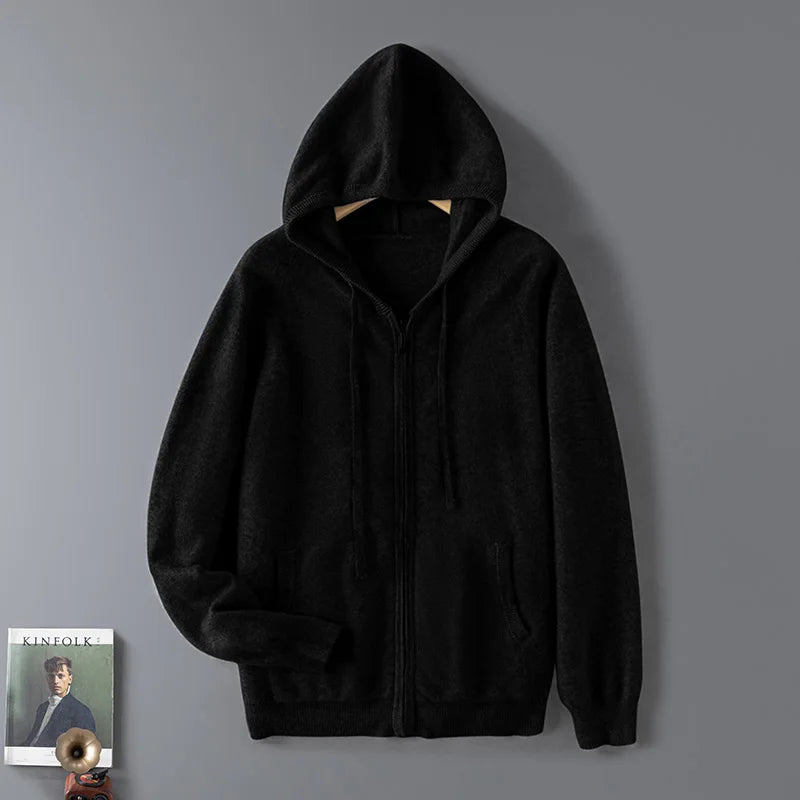 100% Wool  Men's Zip-Up Hooded Sweater, Soft Knit with Pockets, Ideal for Fall and Winter Daily Commute